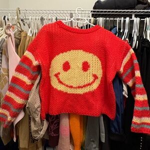 Easel Red Cropped Sweater with Cream Smiley Face and Multicolor Stripes